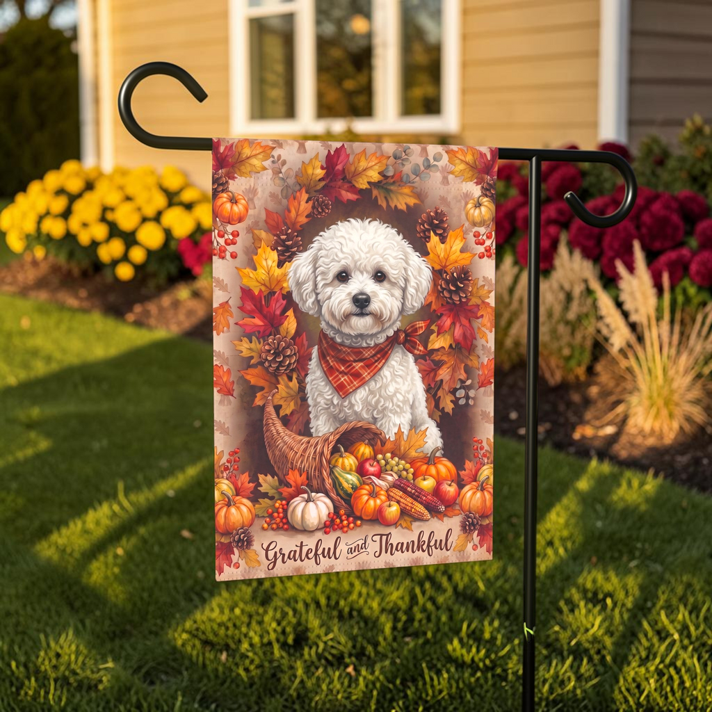 Grateful and Thankful Bichon Frise Thanksgiving Garden Flag Double Sided Outdoor