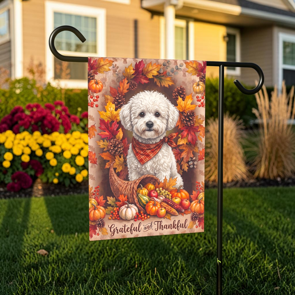 Grateful and Thankful Bichon Frise Thanksgiving Garden Flag Double Sided Outdoor