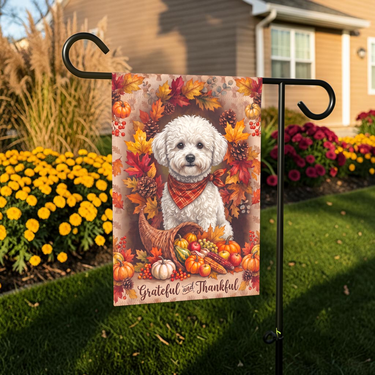 Grateful and Thankful Bichon Frise Thanksgiving Garden Flag Double Sided Outdoor