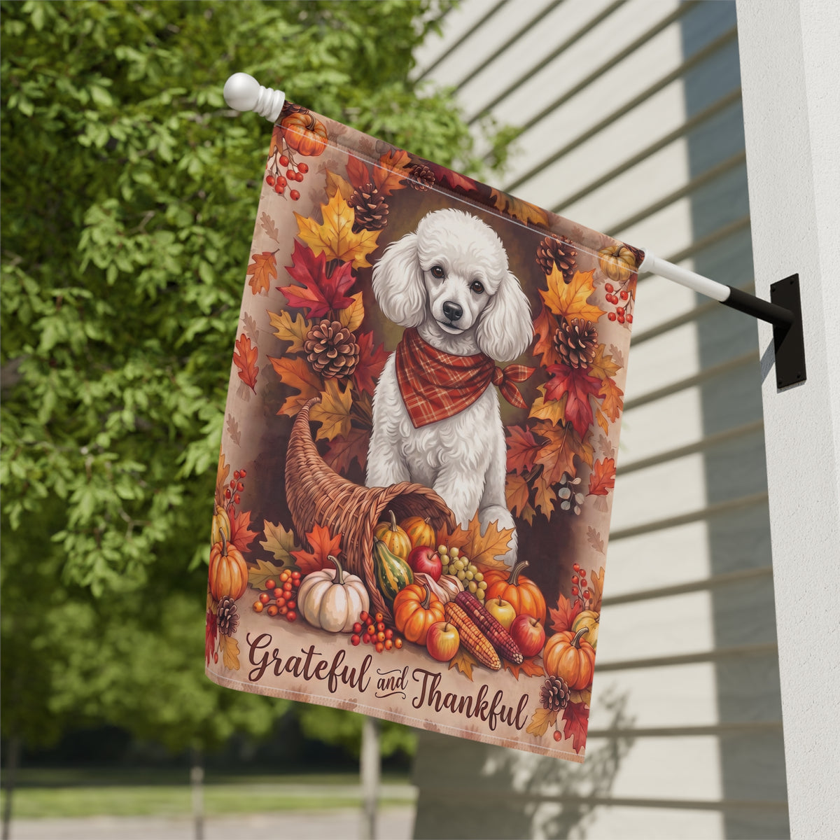 Grateful And Thankful White Toy Poodle Thanksgiving Garden Flag Double Sided