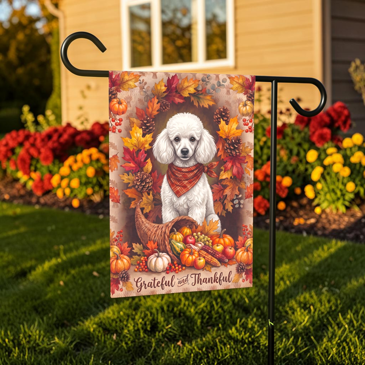 Grateful And Thankful White Toy Poodle Thanksgiving Garden Flag Double Sided