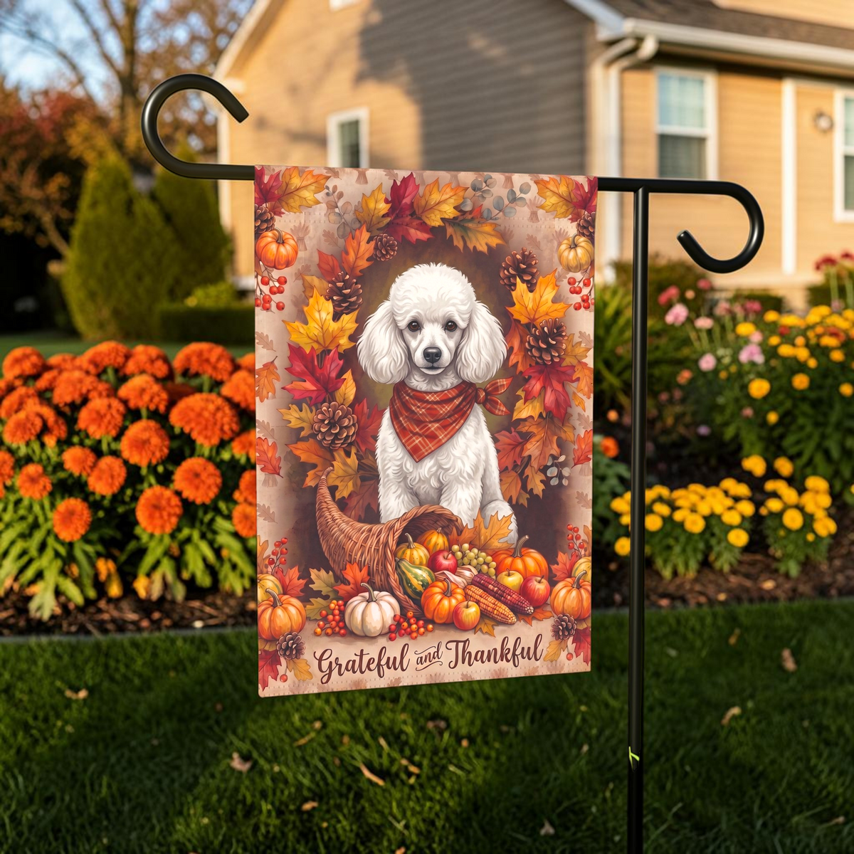 Grateful And Thankful White Toy Poodle Thanksgiving Garden Flag Double Sided