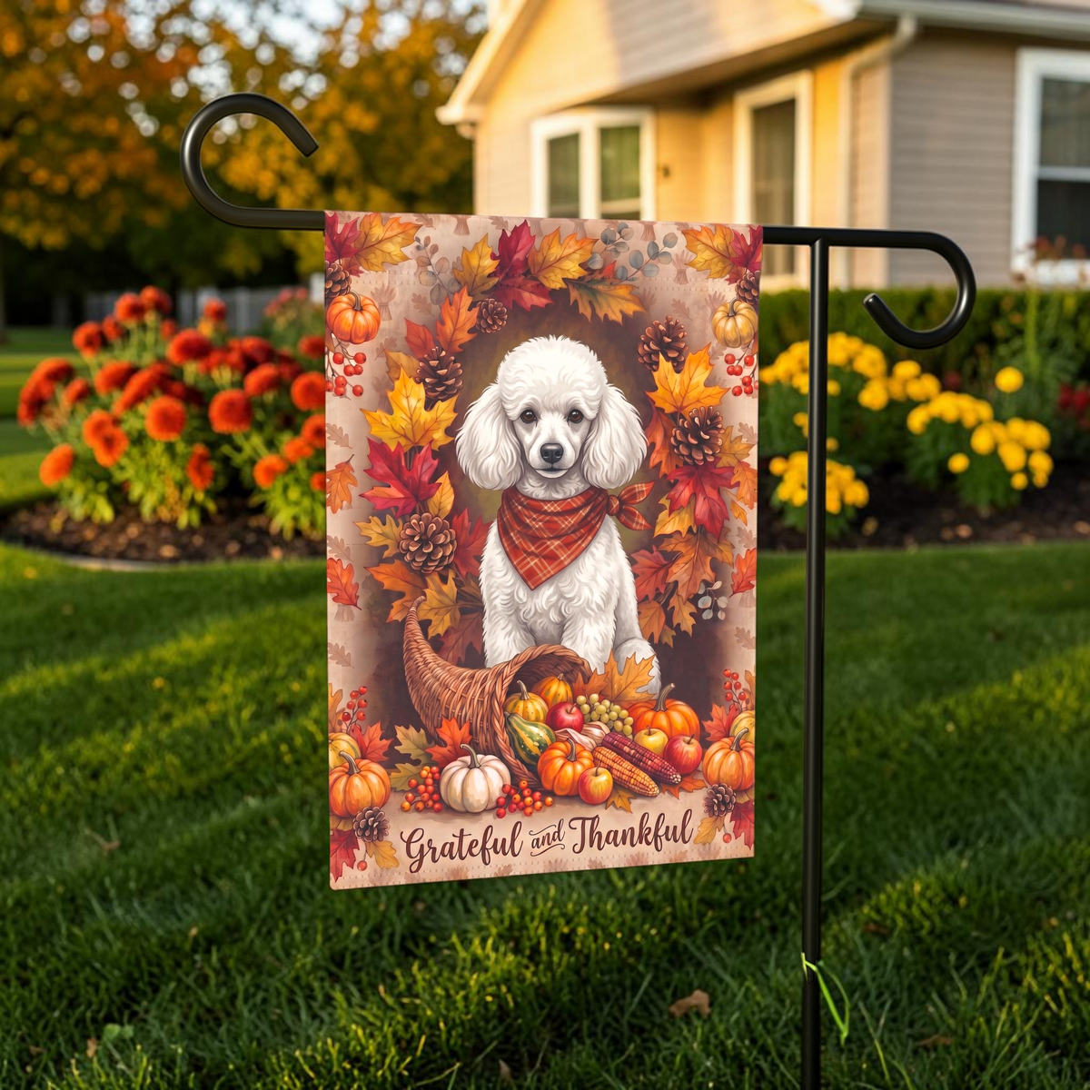 Grateful And Thankful White Toy Poodle Thanksgiving Garden Flag Double Sided