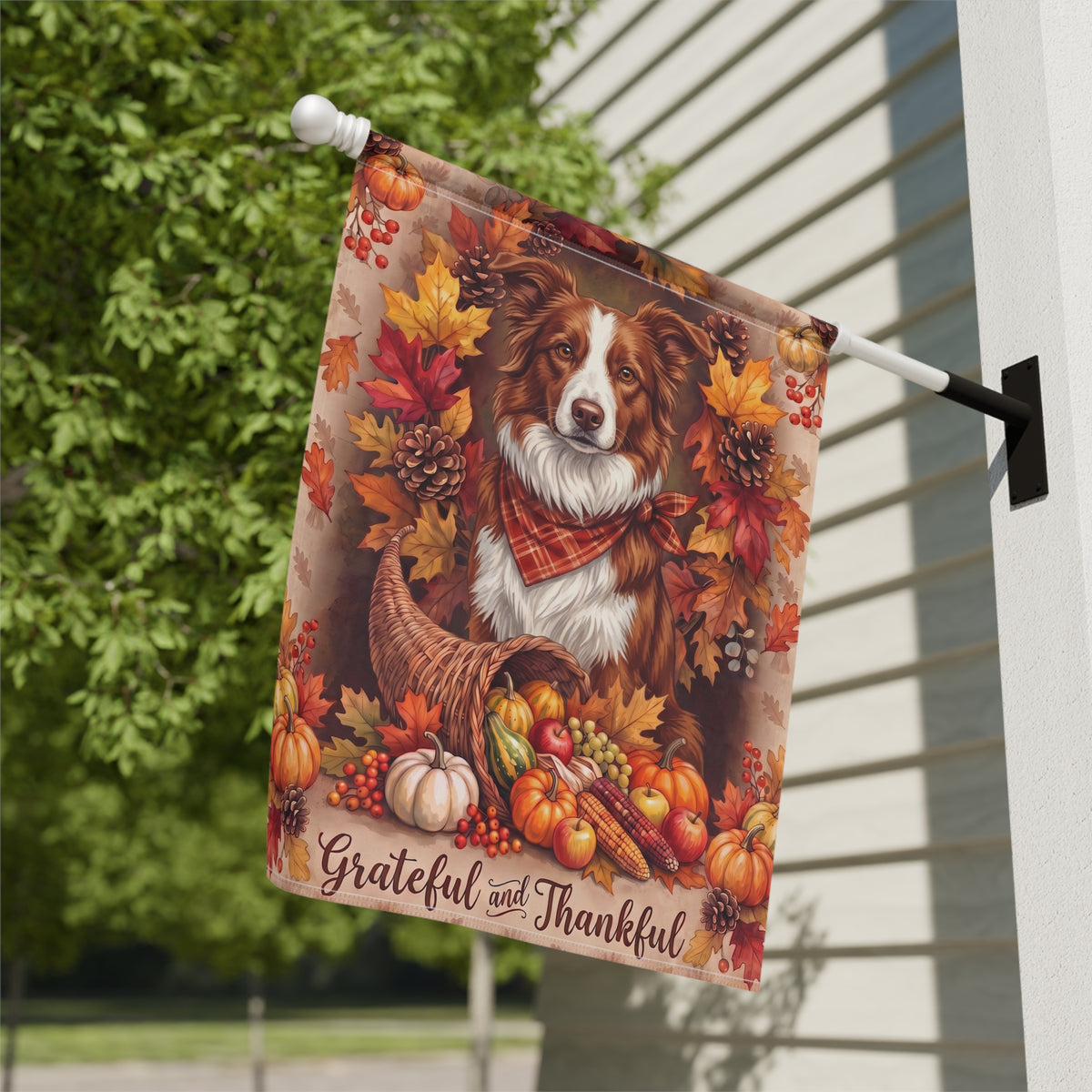 Grateful and Thankful Red And White Border Collie Thanksgiving Garden Flag