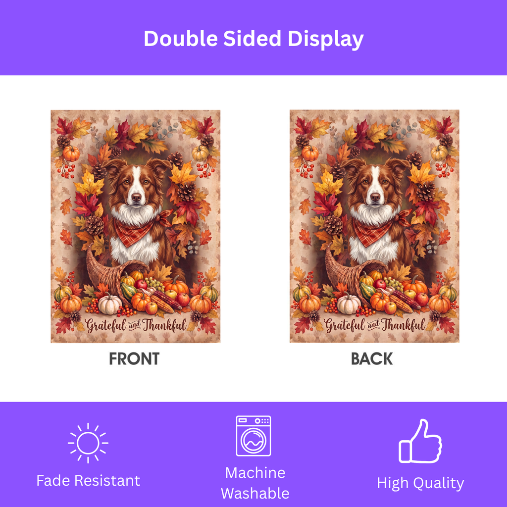Grateful and Thankful Red And White Border Collie Thanksgiving Garden Flag