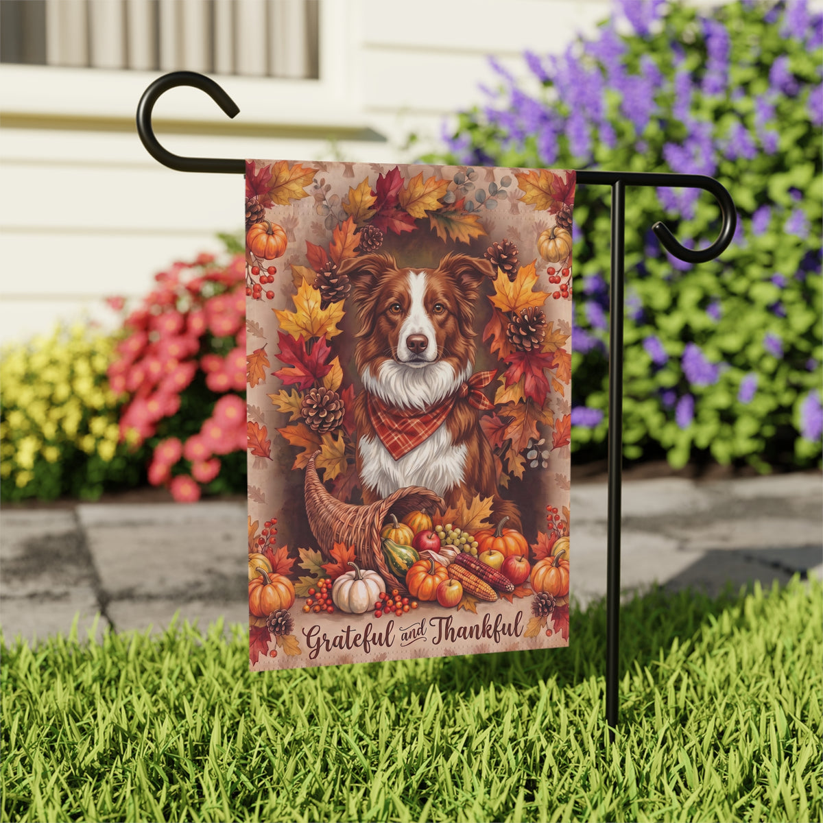 Grateful and Thankful Red And White Border Collie Thanksgiving Garden Flag