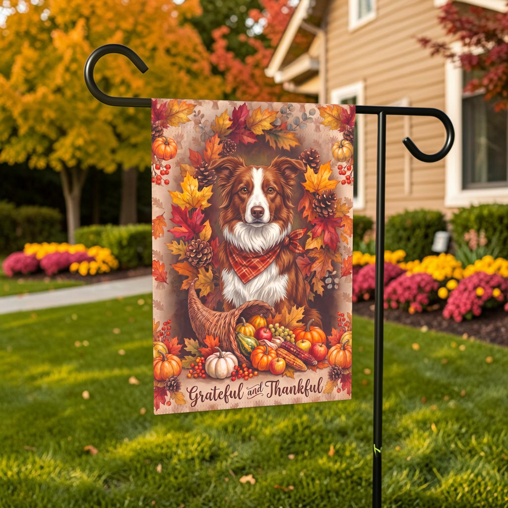 Grateful and Thankful Red And White Border Collie Thanksgiving Garden Flag