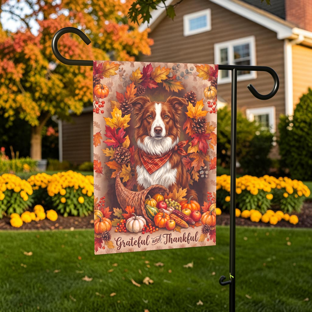 Grateful and Thankful Red And White Border Collie Thanksgiving Garden Flag
