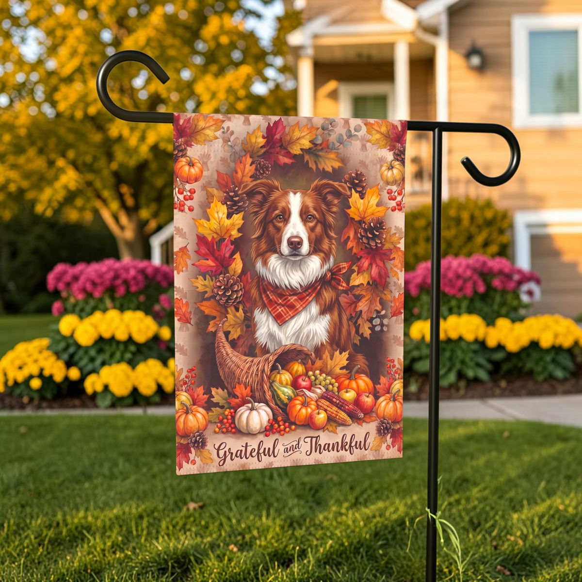 Grateful and Thankful Red And White Border Collie Thanksgiving Garden Flag