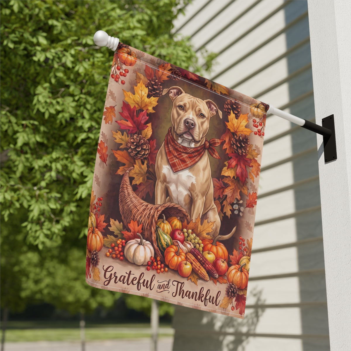 Grateful and Thankful Fawn American Pit Bull Thanksgiving Garden Flag