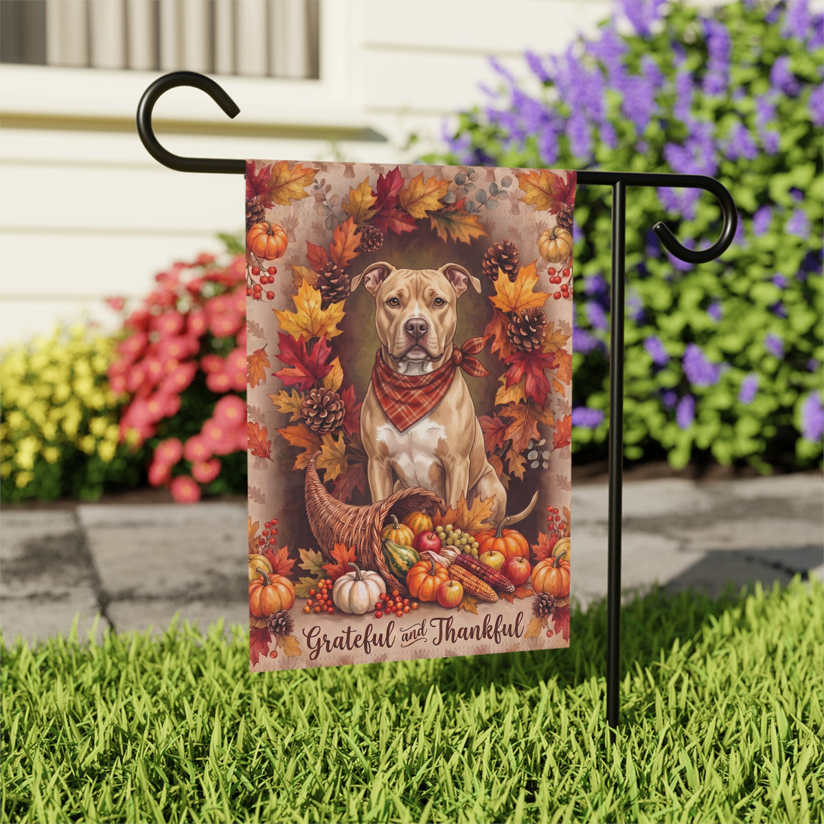Grateful and Thankful Fawn American Pit Bull Thanksgiving Garden Flag