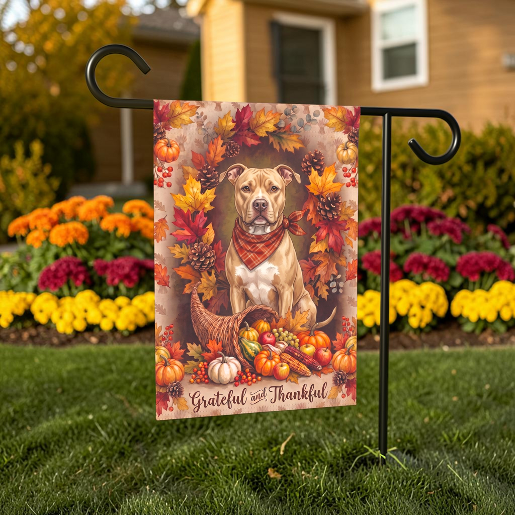 Grateful and Thankful Fawn American Pit Bull Thanksgiving Garden Flag