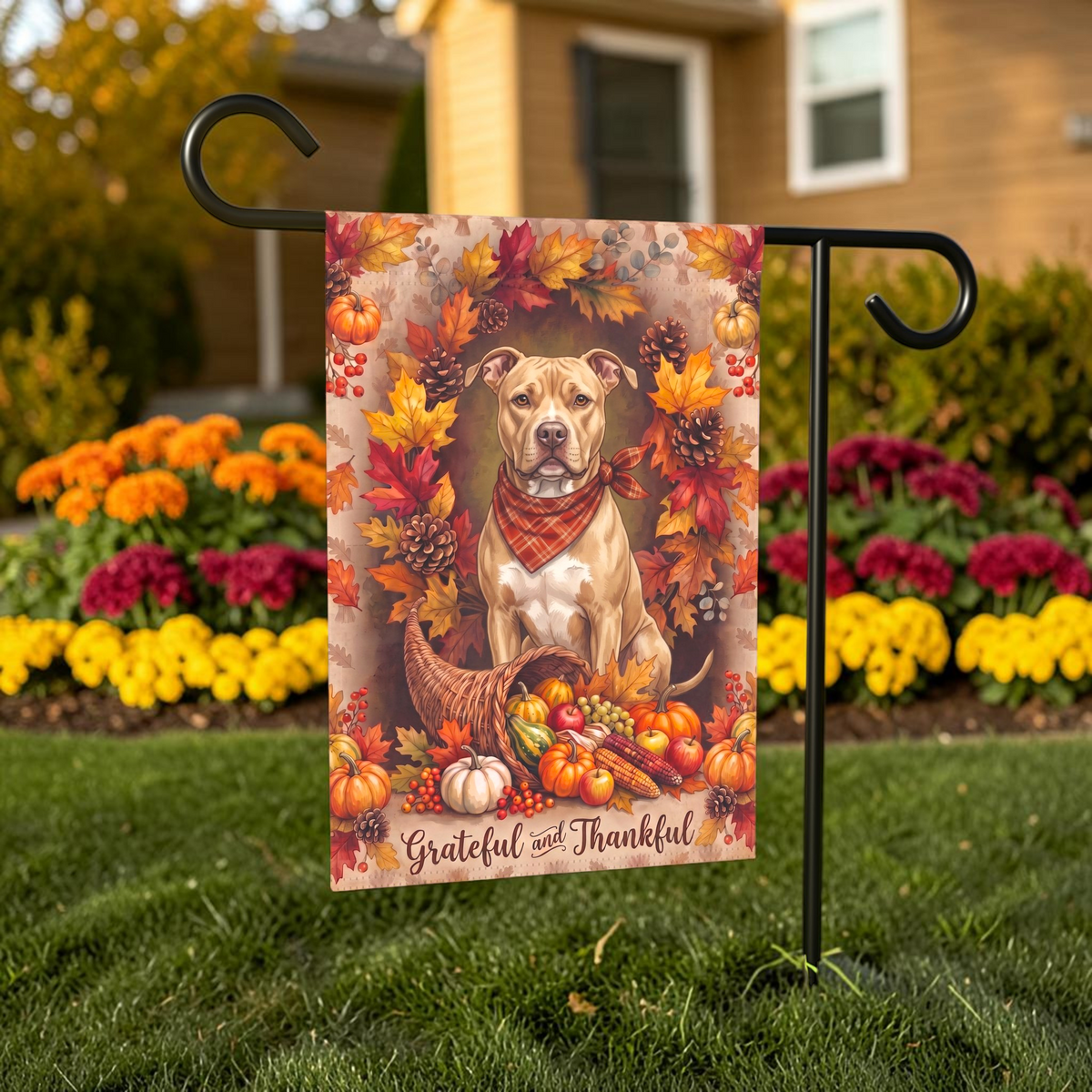 Grateful and Thankful Fawn American Pit Bull Thanksgiving Garden Flag