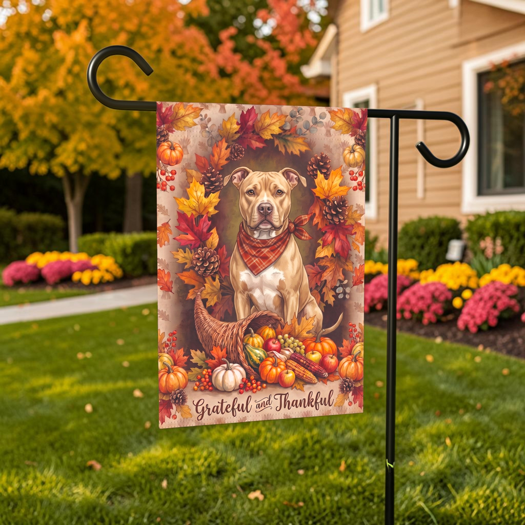 Grateful and Thankful Fawn American Pit Bull Thanksgiving Garden Flag