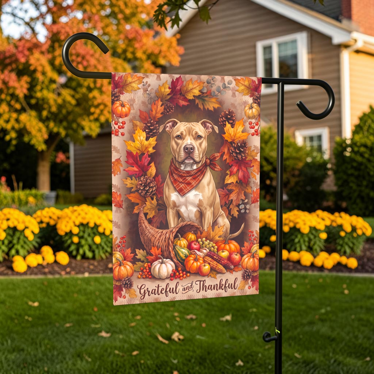 Grateful and Thankful Fawn American Pit Bull Thanksgiving Garden Flag