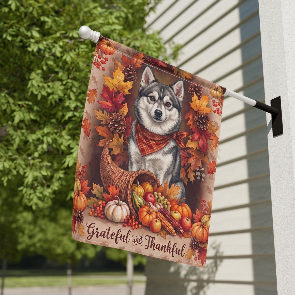 Grateful and Thankful Alaskan Klee Kai Thanksgiving Garden Flag Double Sided