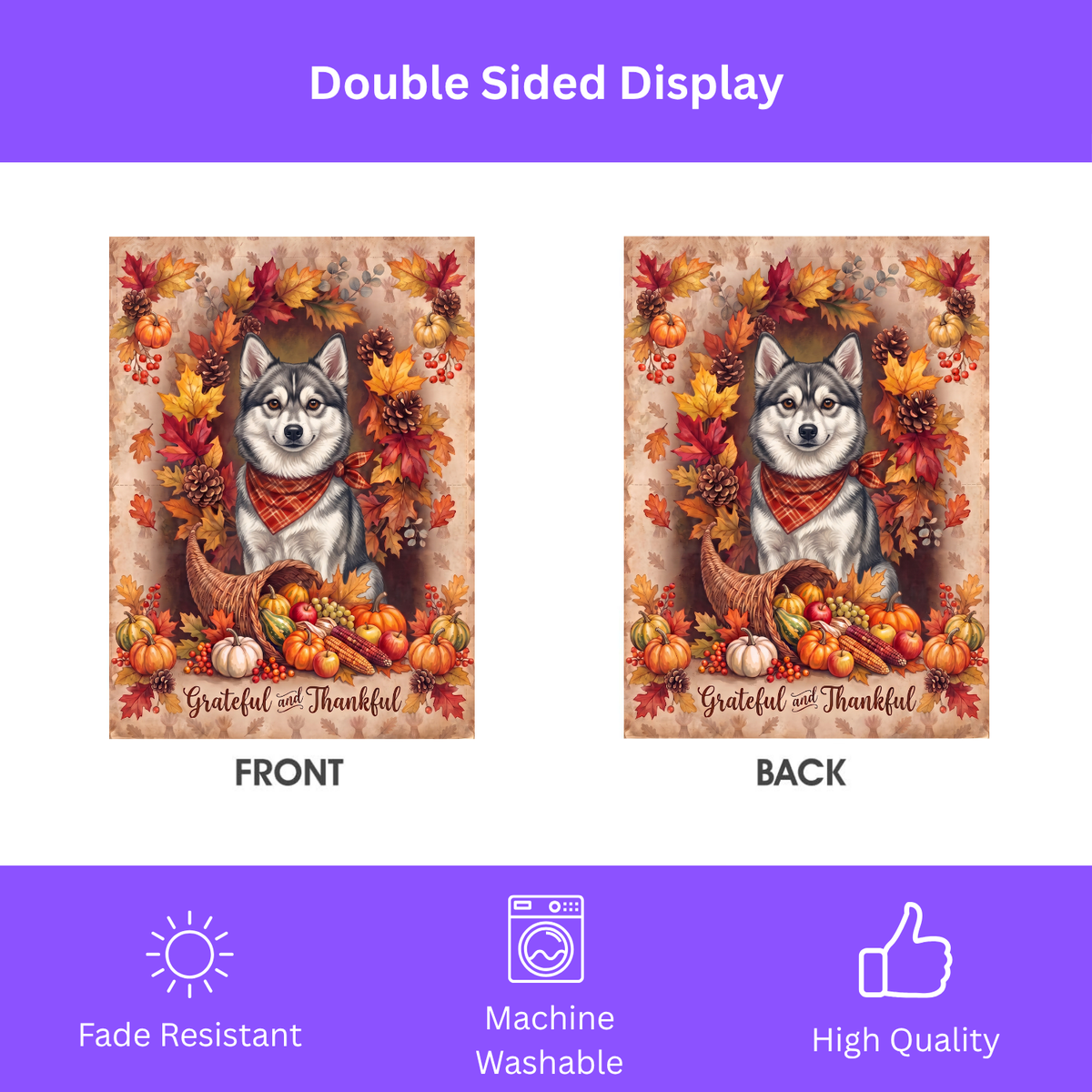 Grateful and Thankful Alaskan Klee Kai Thanksgiving Garden Flag Double Sided