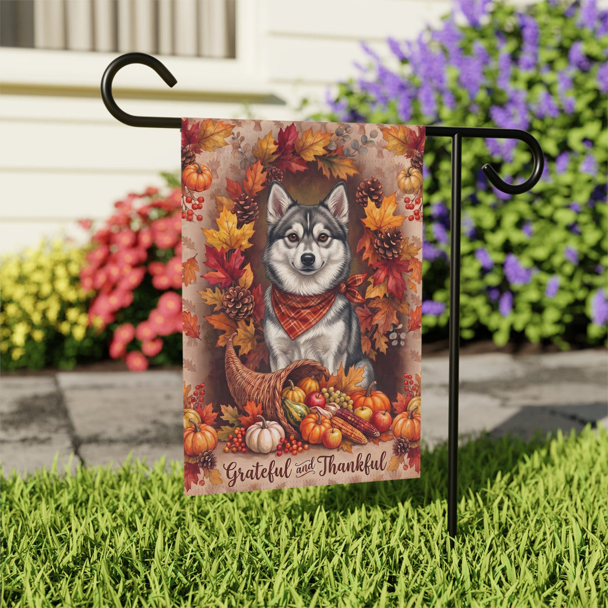 Grateful and Thankful Alaskan Klee Kai Thanksgiving Garden Flag Double Sided