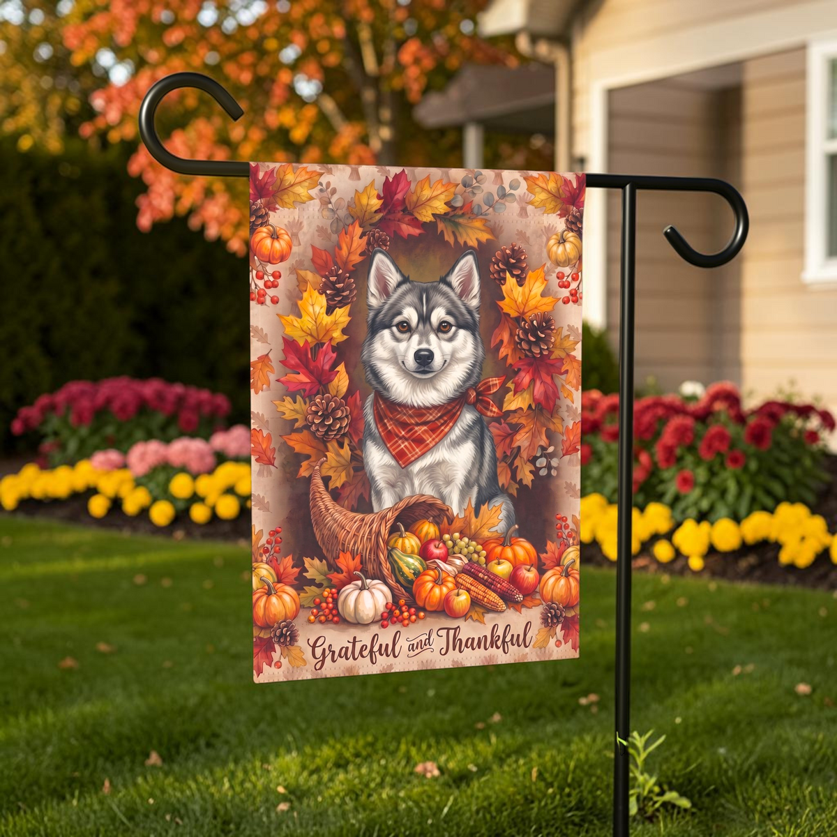Grateful and Thankful Alaskan Klee Kai Thanksgiving Garden Flag Double Sided