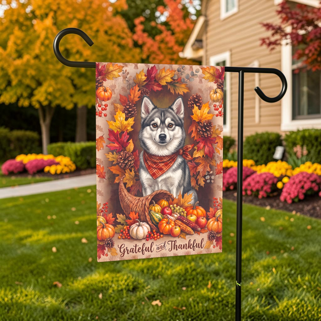 Grateful and Thankful Alaskan Klee Kai Thanksgiving Garden Flag Double Sided