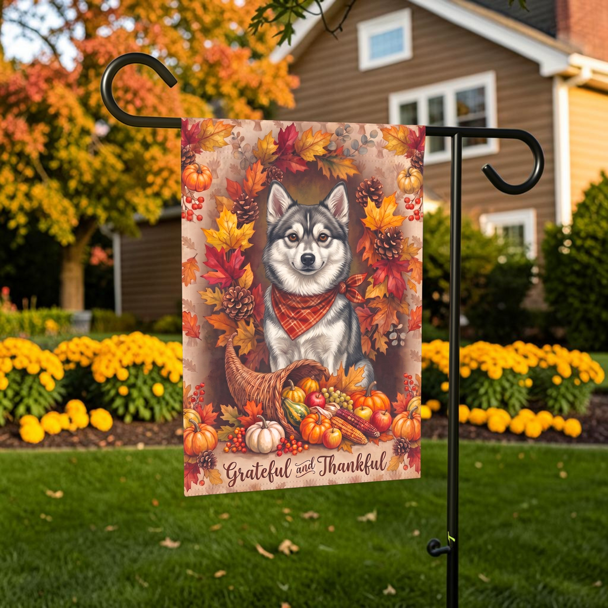 Grateful and Thankful Alaskan Klee Kai Thanksgiving Garden Flag Double Sided