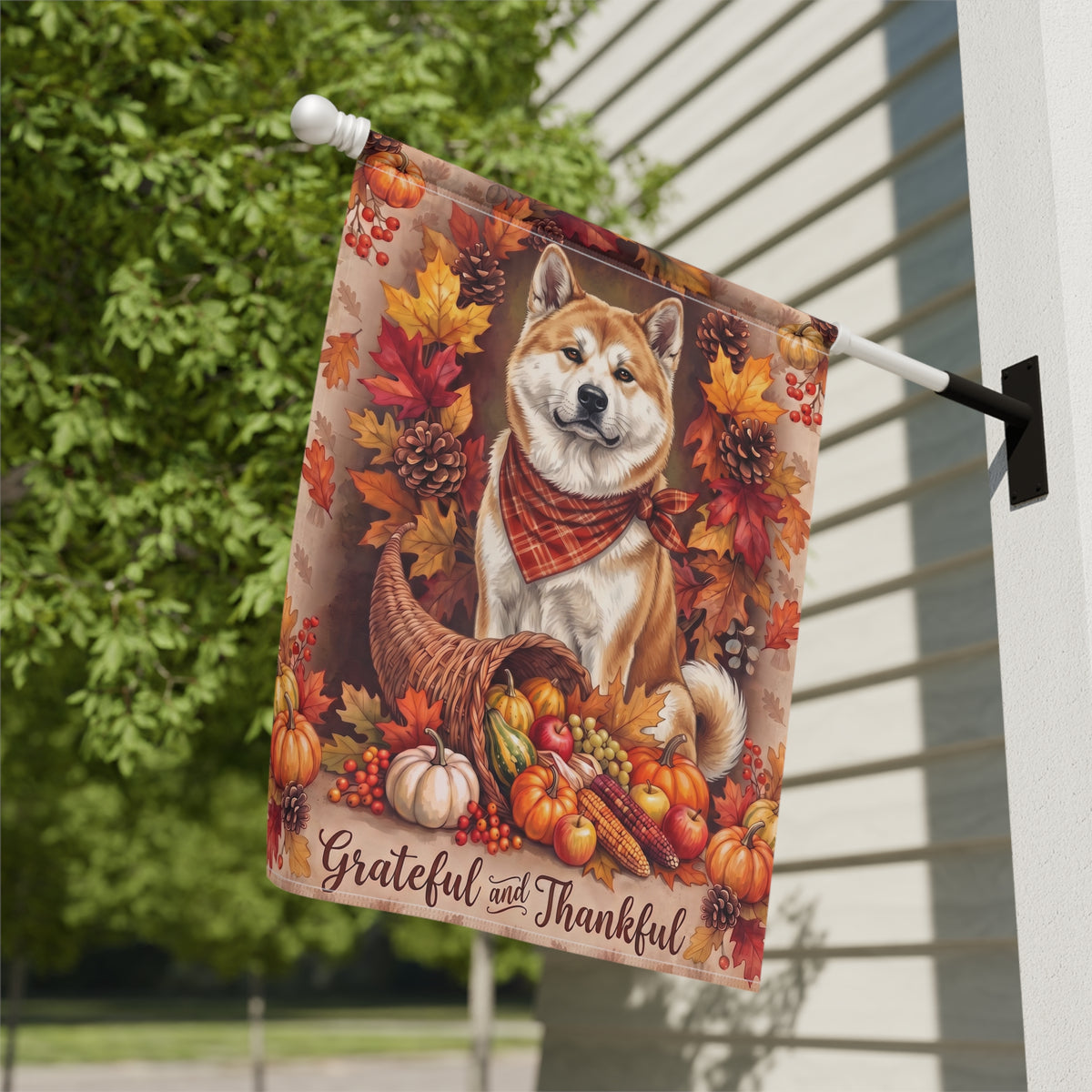 Grateful And Thankful Akita Thanksgiving Garden Flag Double Sided 12x18 24x32