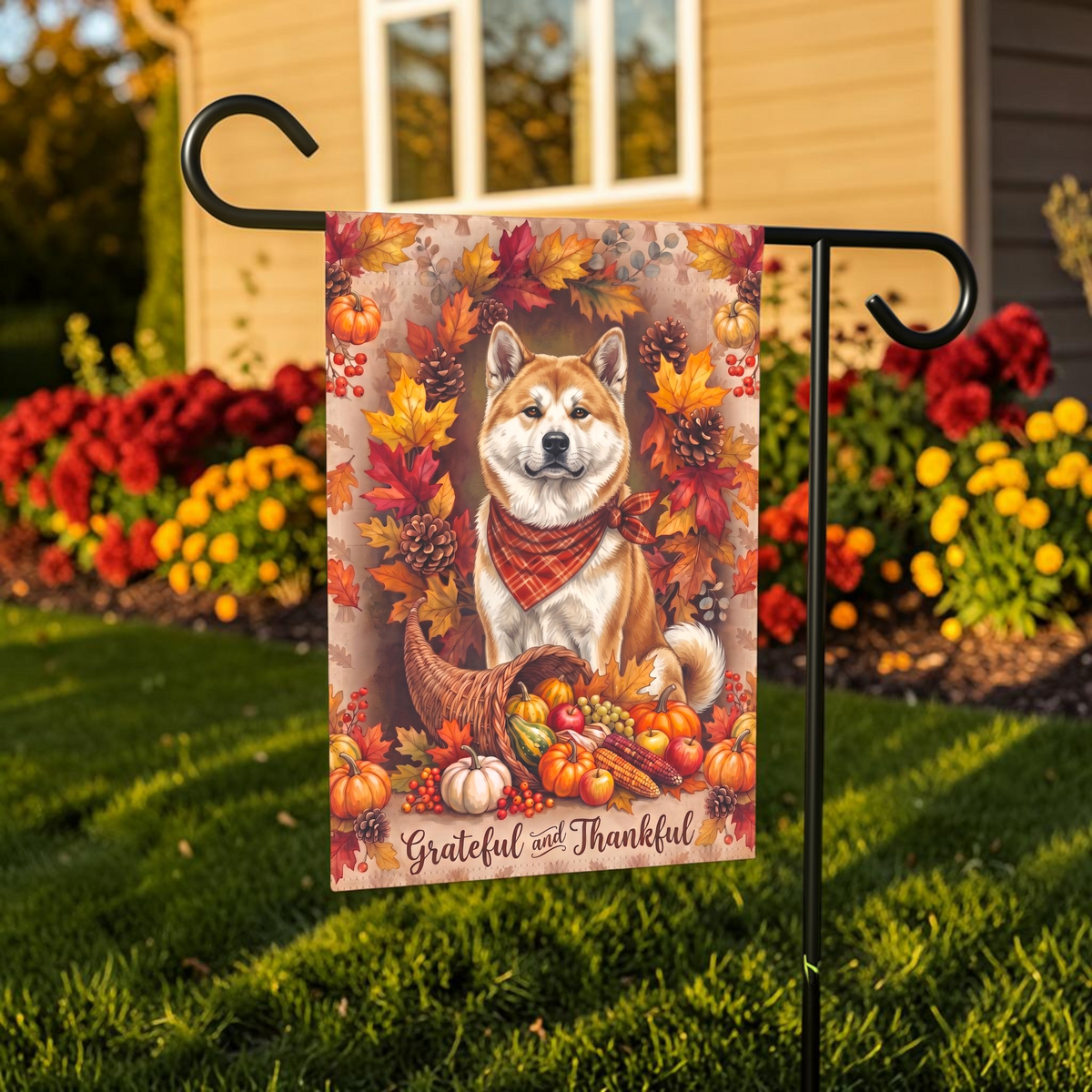 Grateful And Thankful Akita Thanksgiving Garden Flag Double Sided 12x18 24x32
