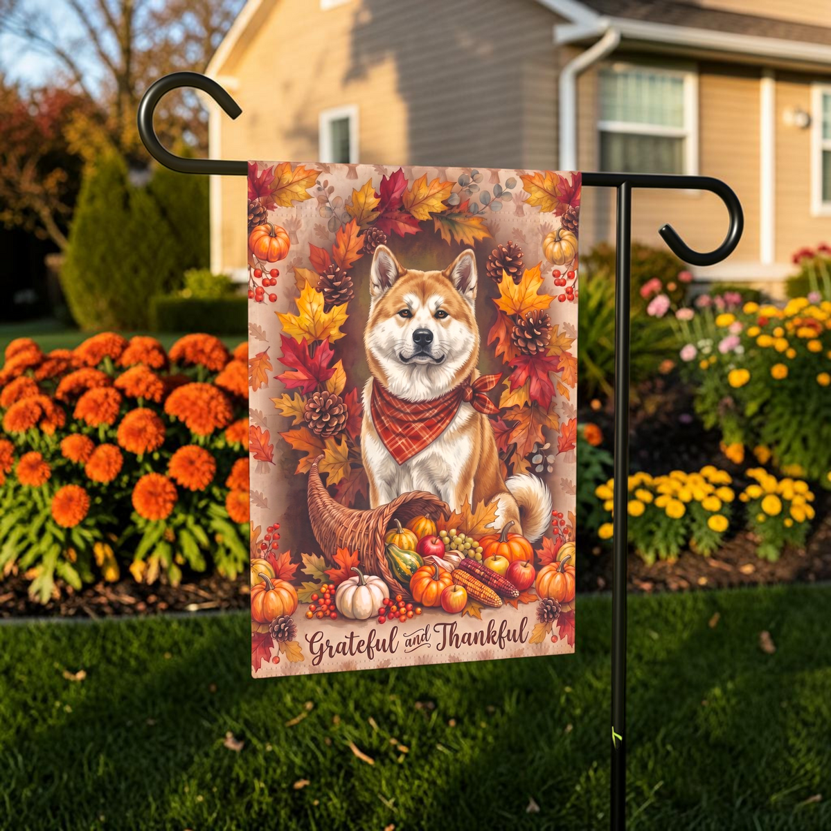 Grateful And Thankful Akita Thanksgiving Garden Flag Double Sided 12x18 24x32