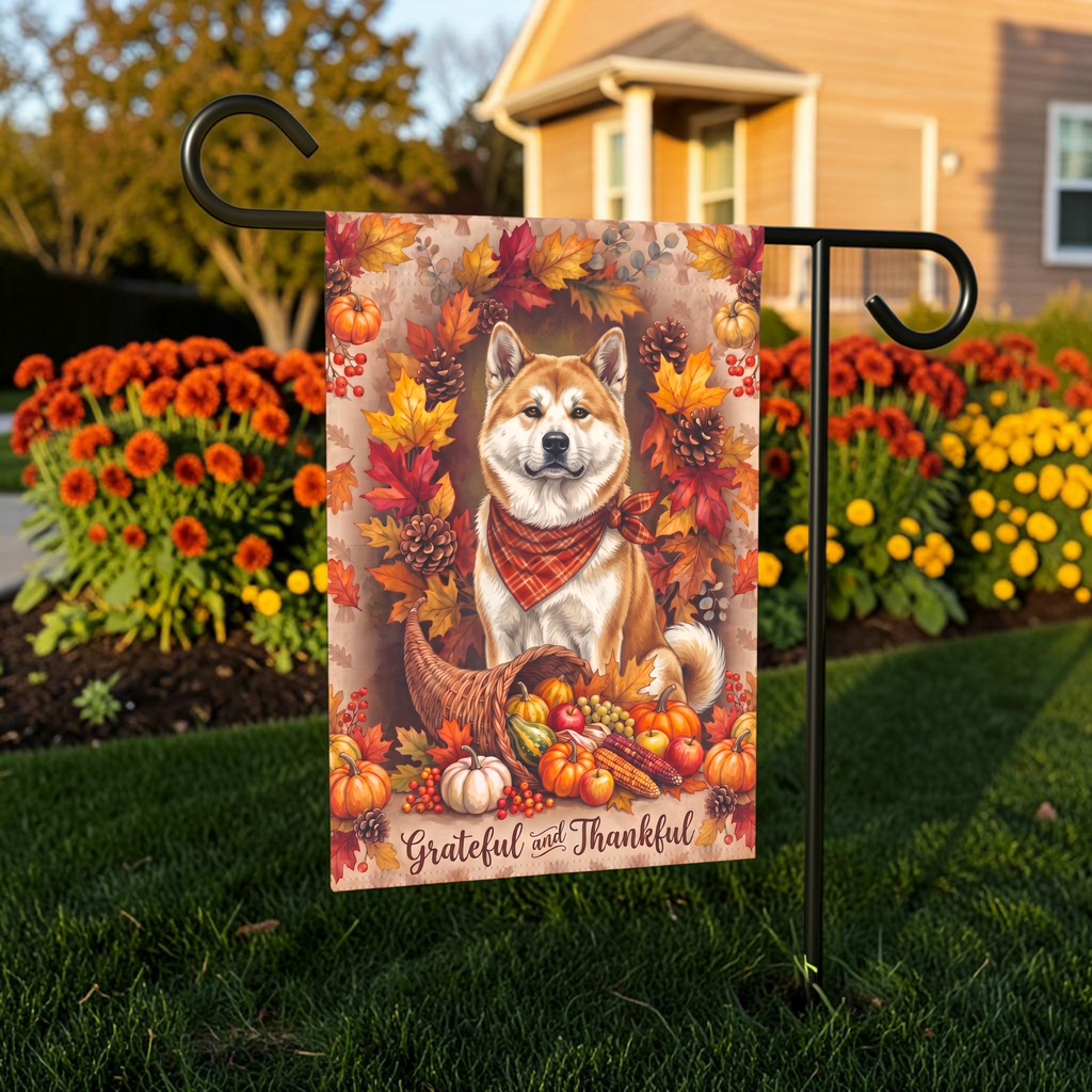 Grateful And Thankful Akita Thanksgiving Garden Flag Double Sided 12x18 24x32