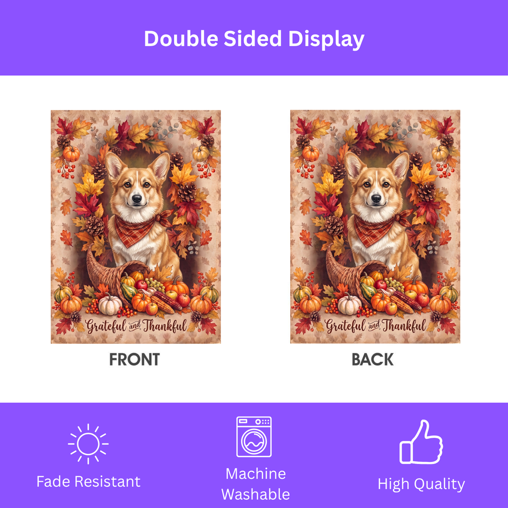 Grateful And Thankful Fawn Corgi Thanksgiving Garden Flag Double Sided Outdoor