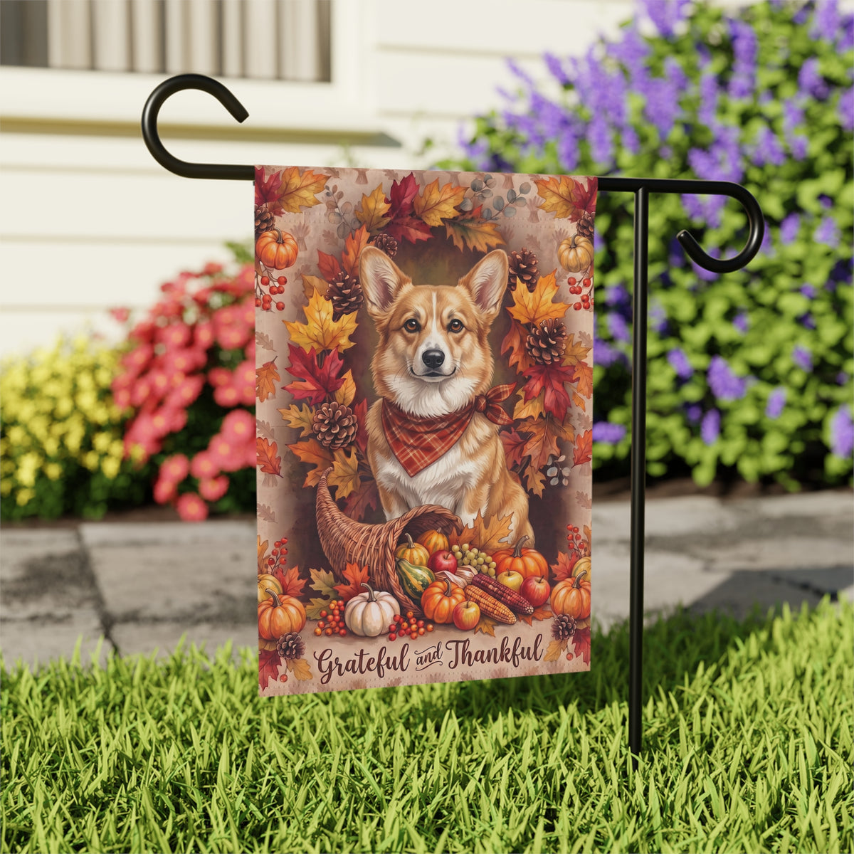 Grateful And Thankful Fawn Corgi Thanksgiving Garden Flag Double Sided Outdoor