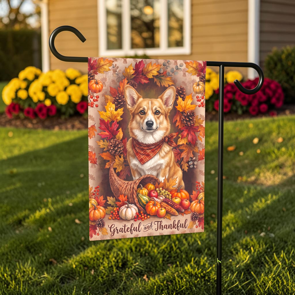Grateful And Thankful Fawn Corgi Thanksgiving Garden Flag Double Sided Outdoor