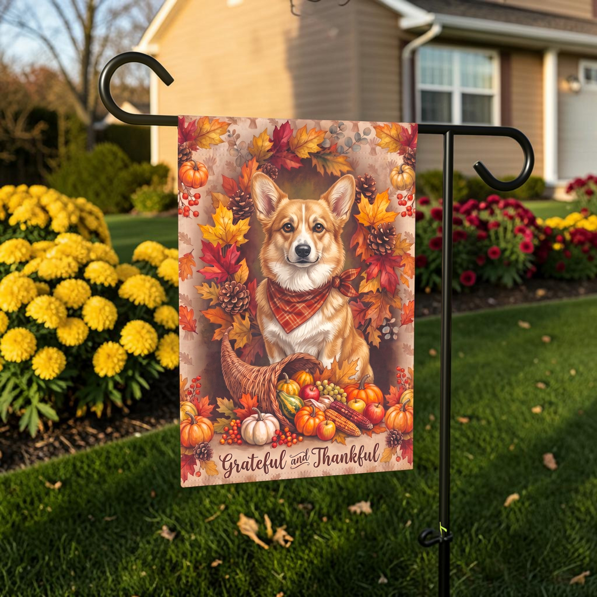 Grateful And Thankful Fawn Corgi Thanksgiving Garden Flag Double Sided Outdoor