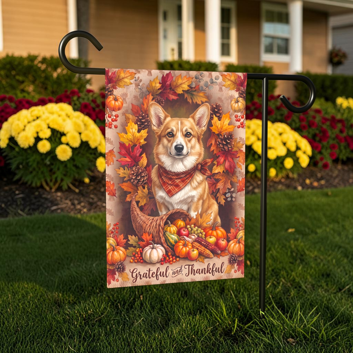 Grateful And Thankful Fawn Corgi Thanksgiving Garden Flag Double Sided Outdoor