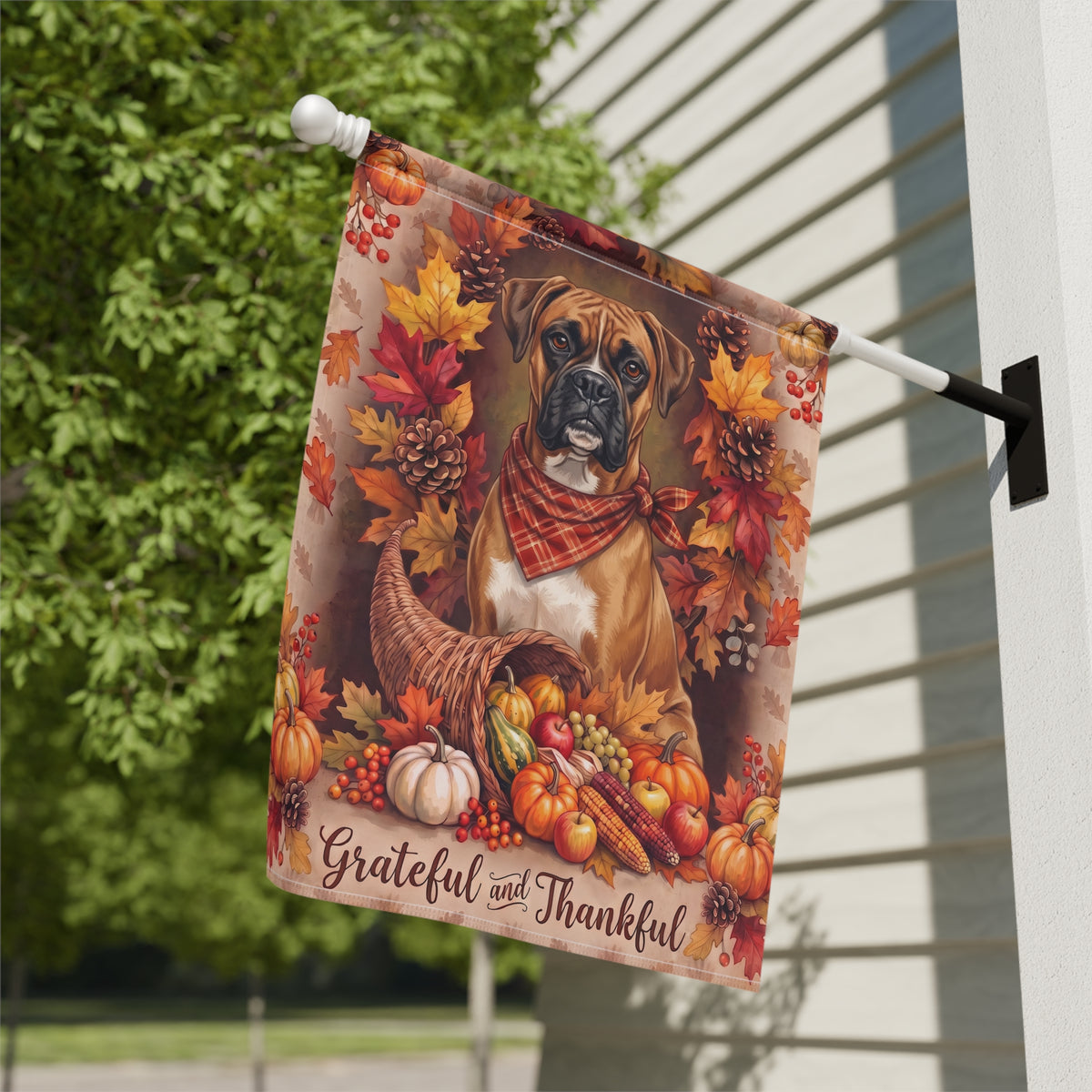 Grateful And Thankful Boxer Thanksgiving Garden Flag Double Sided 12x18 24x32