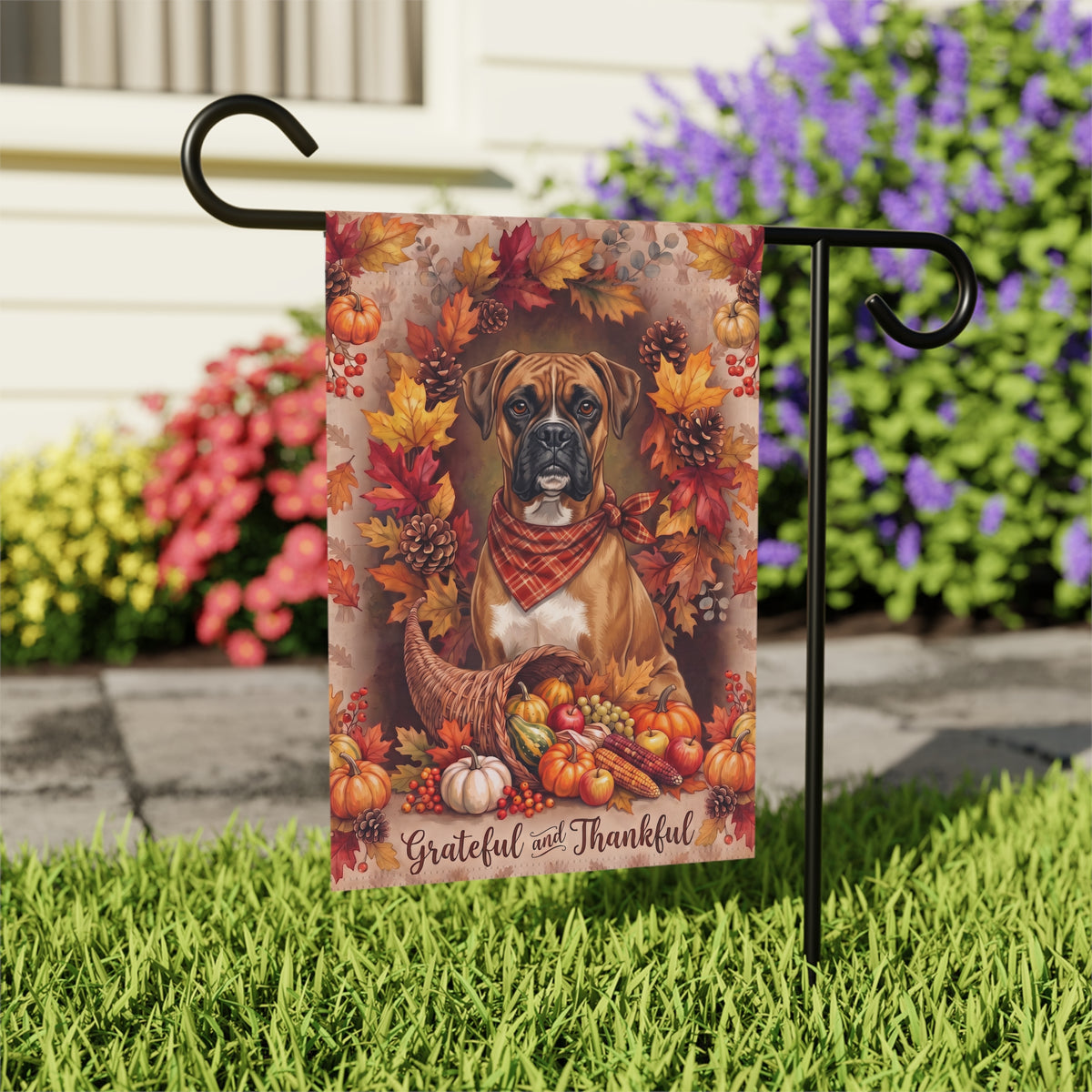 Grateful And Thankful Boxer Thanksgiving Garden Flag Double Sided 12x18 24x32