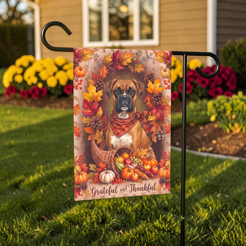 Grateful And Thankful Boxer Thanksgiving Garden Flag Double Sided 12x18 24x32