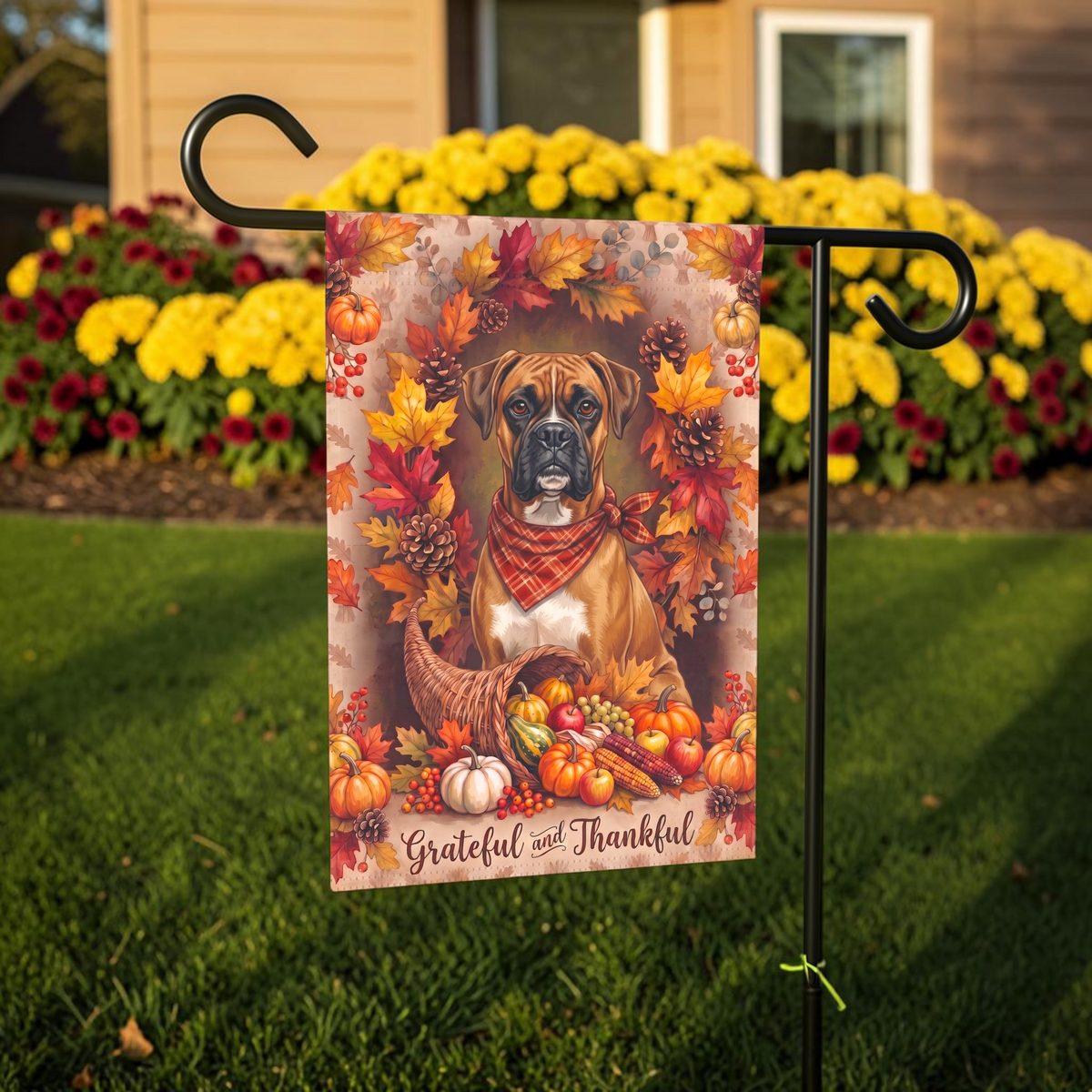 Grateful And Thankful Boxer Thanksgiving Garden Flag Double Sided 12x18 24x32