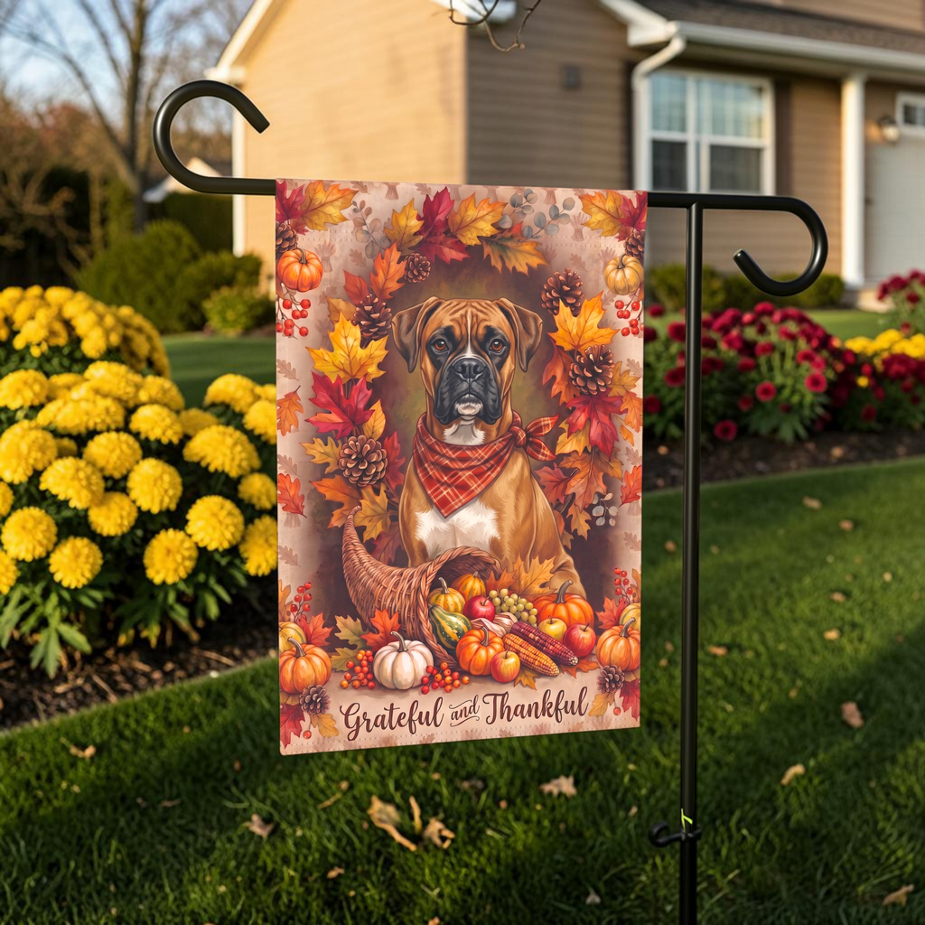 Grateful And Thankful Boxer Thanksgiving Garden Flag Double Sided 12x18 24x32