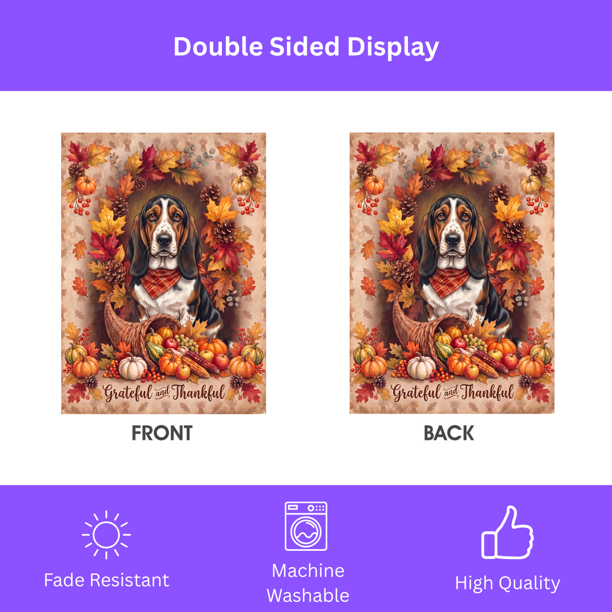 Grateful And Thankful Basset Hound Thanksgiving Garden Flag Double Sided Outdoor
