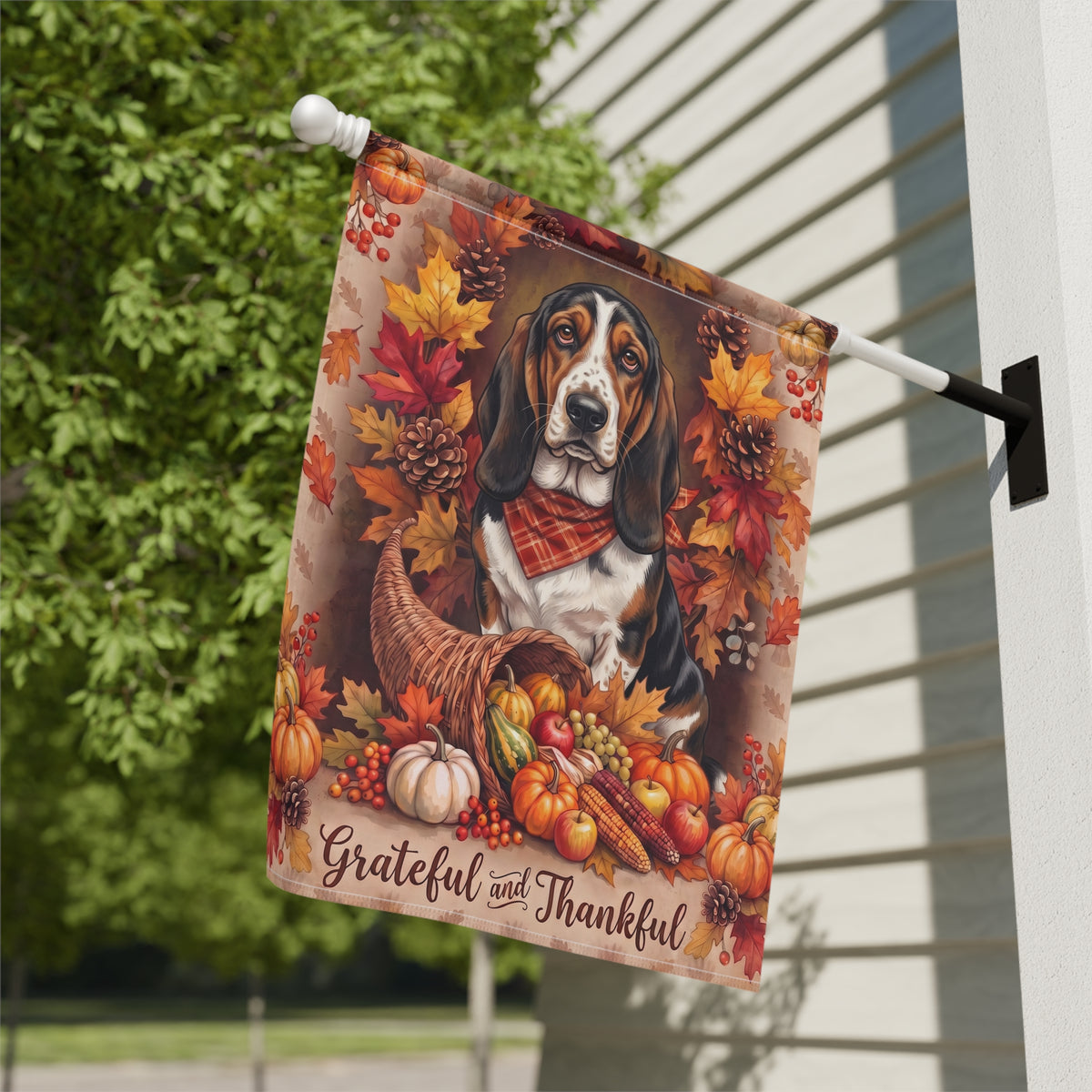 Grateful And Thankful Basset Hound Thanksgiving Garden Flag Double Sided Outdoor