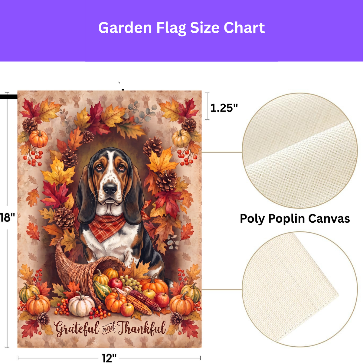 Grateful And Thankful Basset Hound Thanksgiving Garden Flag Double Sided Outdoor