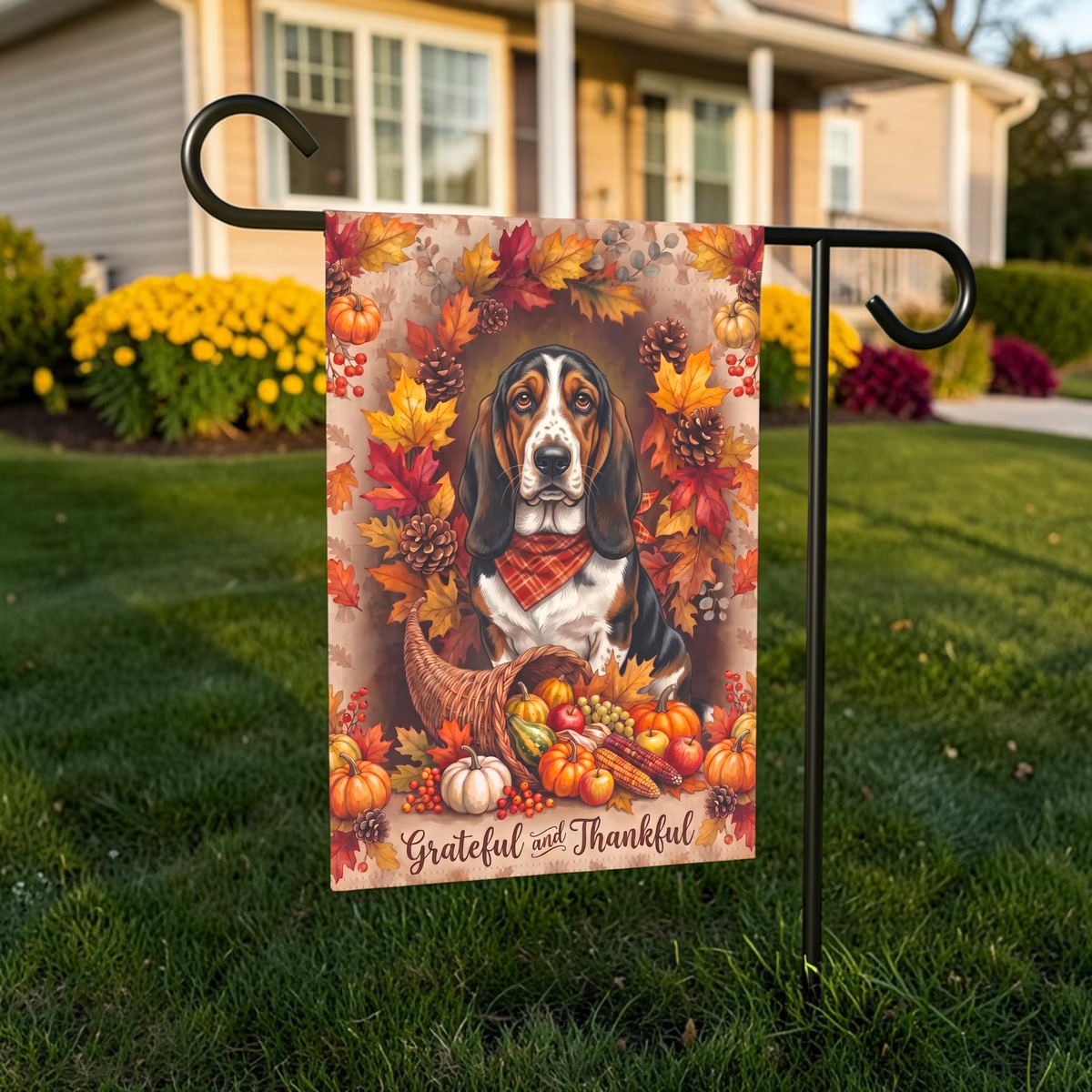 Grateful And Thankful Basset Hound Thanksgiving Garden Flag Double Sided Outdoor