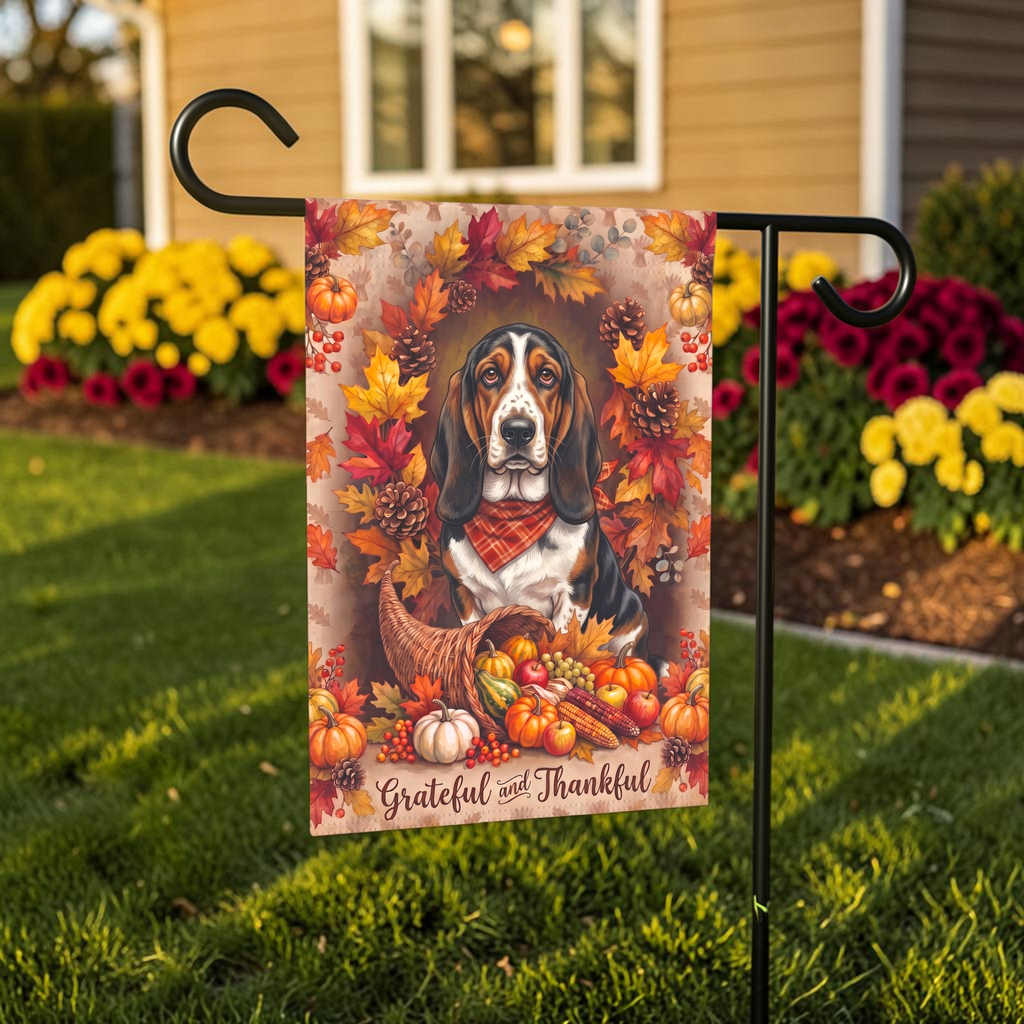Grateful And Thankful Basset Hound Thanksgiving Garden Flag Double Sided Outdoor