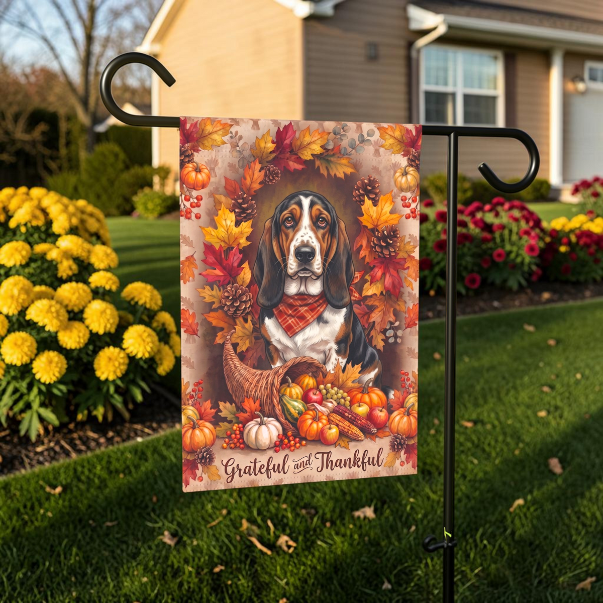 Grateful And Thankful Basset Hound Thanksgiving Garden Flag Double Sided Outdoor