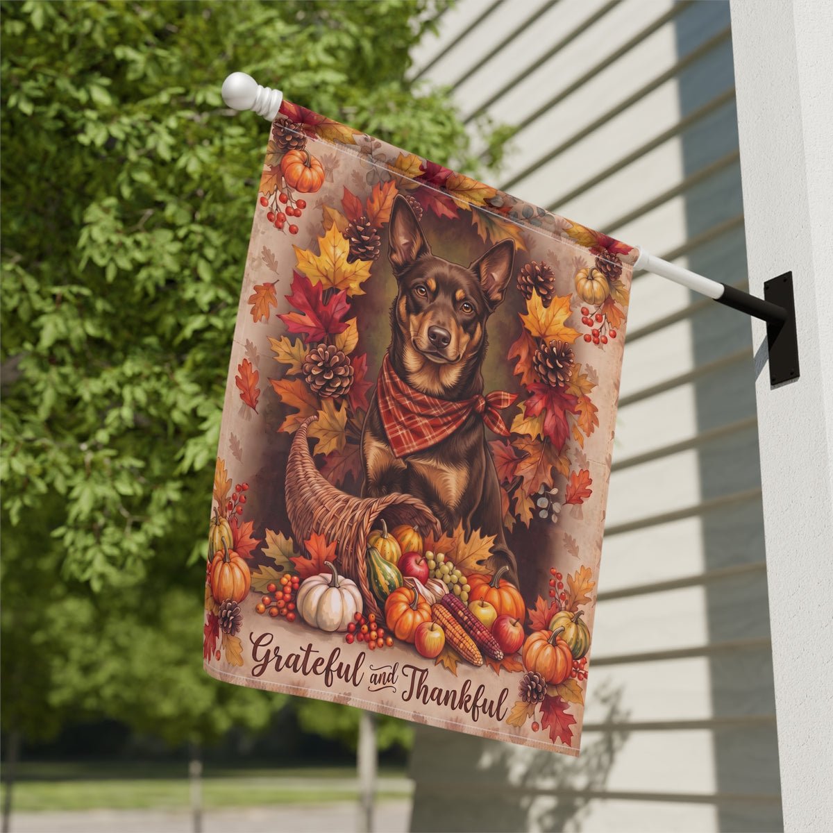 Grateful and Thankful Australian Kelpie Thanksgiving Garden Flag Double Sided