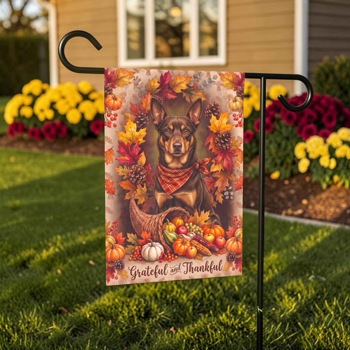 Grateful and Thankful Australian Kelpie Thanksgiving Garden Flag Double Sided
