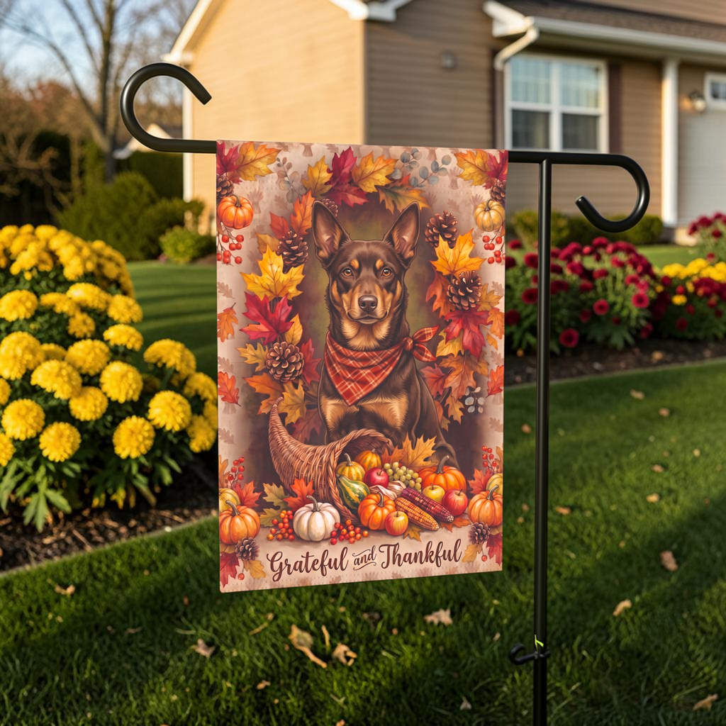 Grateful and Thankful Australian Kelpie Thanksgiving Garden Flag Double Sided
