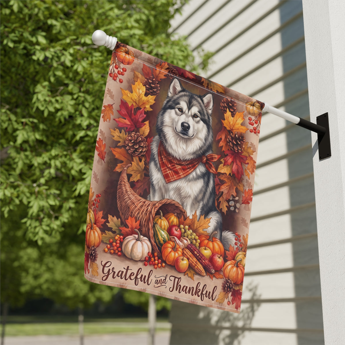 Grateful And Thankful Alaskan Malamute Thanksgiving Garden Flag Double Sided
