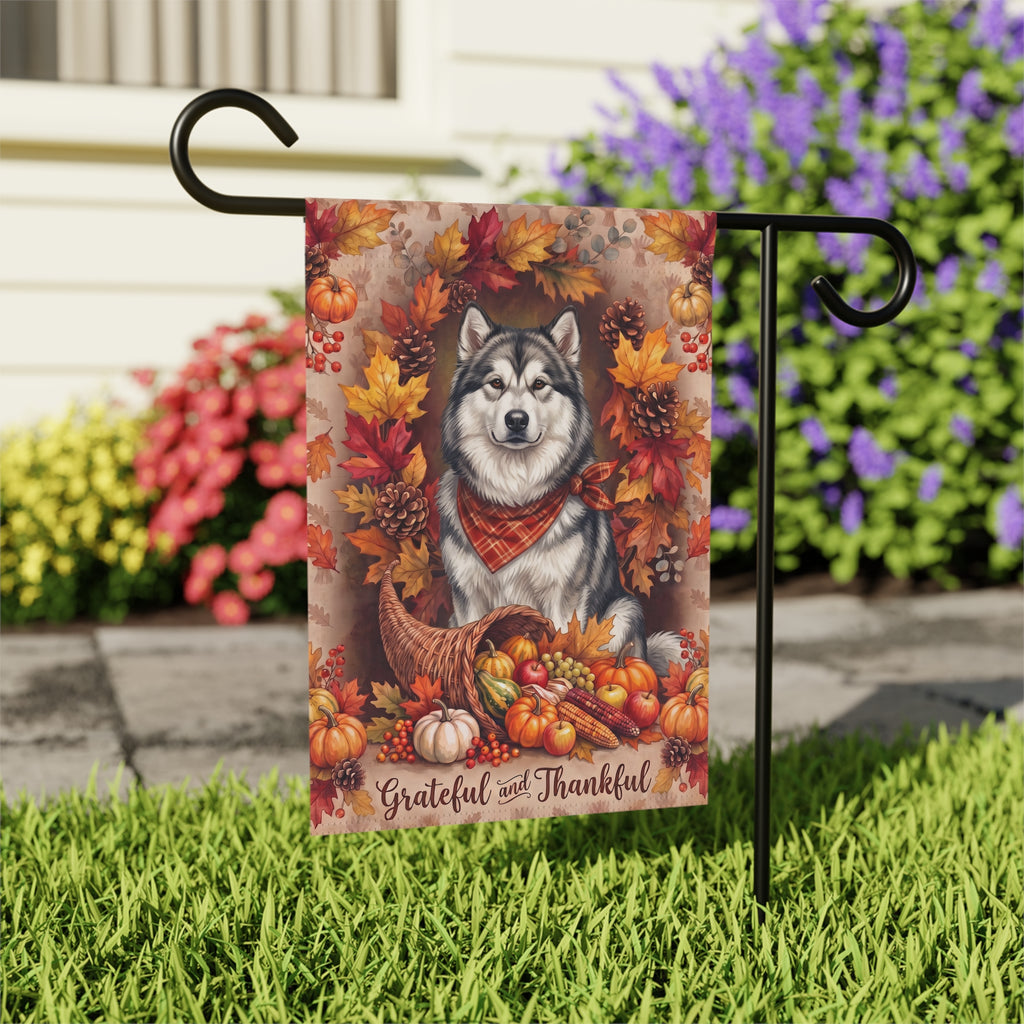 Grateful And Thankful Alaskan Malamute Thanksgiving Garden Flag Double Sided